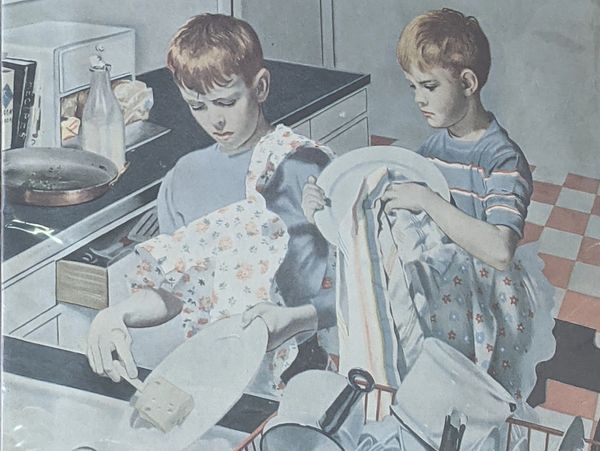 old magazine cover of 2 boys washing dishes 