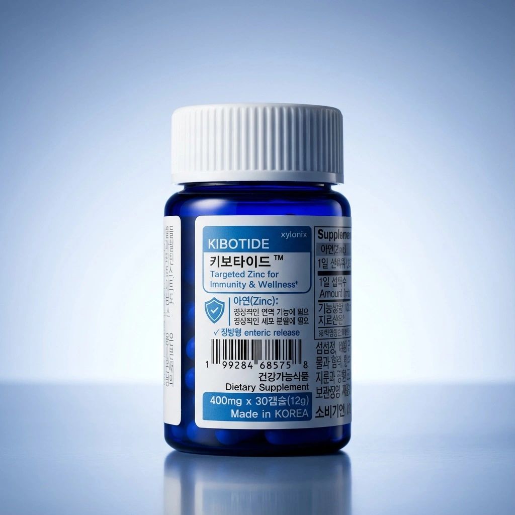 Blue bottle of KIBOTIDE zinc dietary supplement from Korea.