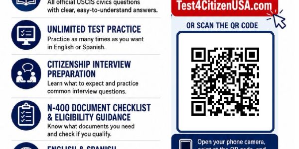 Flyer for Test4CitizenUSA.com with QR code for citizenship test preparation.