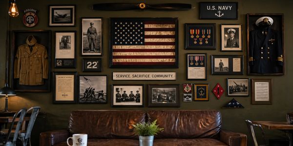 Coffee shop wall with military memorabilia