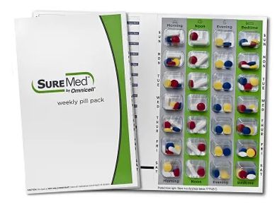 SureMed weekly pill pack with daily morning, noon, evening, and bedtime doses.