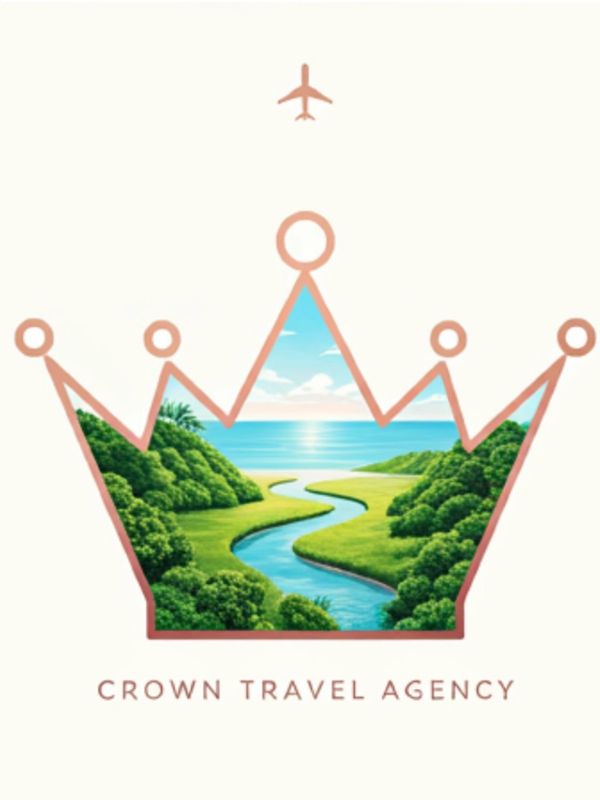 Crown-shaped logo with scenic river and greenery for a travel agency.