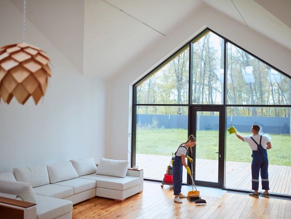 Cleaning professionals at work in a modern living room.