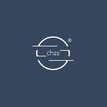 Minimalist logo with 'ch22' inside a stylized circle on dark blue background.