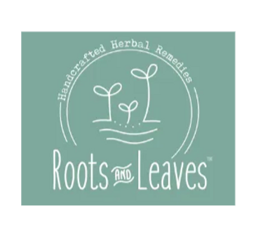 Logo for Roots and Leaves handcrafted herbal remedies with plant icons.