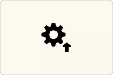 Black gear icon with an upward arrow on a beige background.