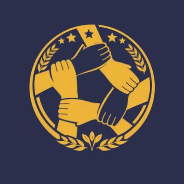 Four hands holding each other's wrists in a circle symbolizing unity.
