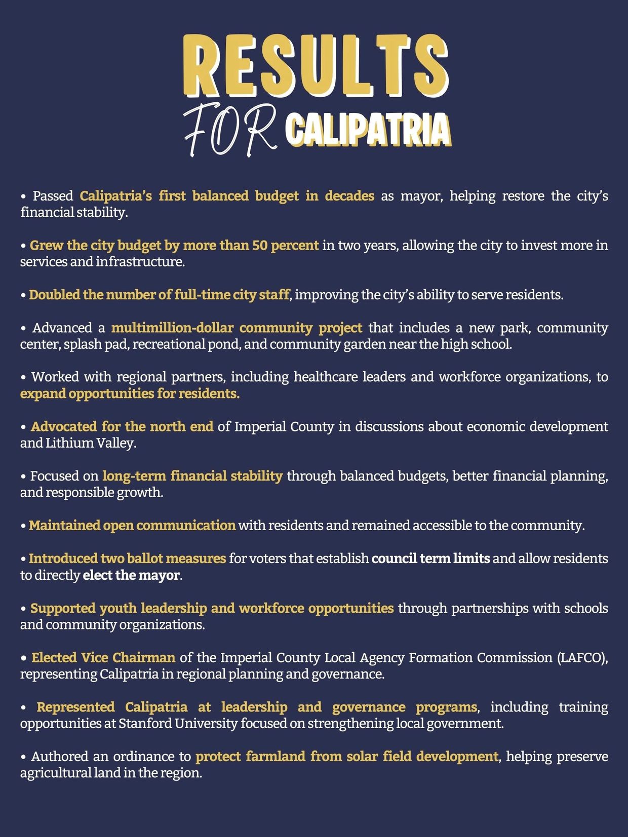Calipatria mayor's key achievements in city budget, community projects, and governance.