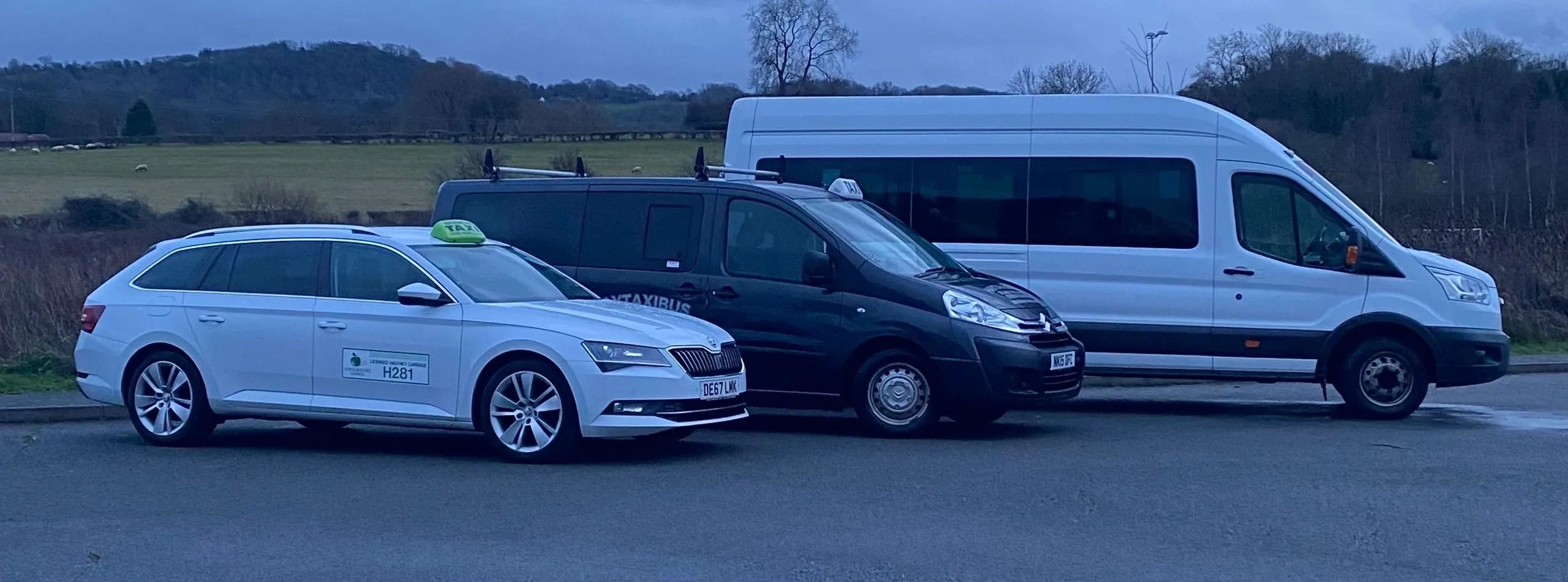 Skoda Estate Taxi, Citroen Dispatch Wheelchair Accessible Taxi, Ford Transit Minibus.