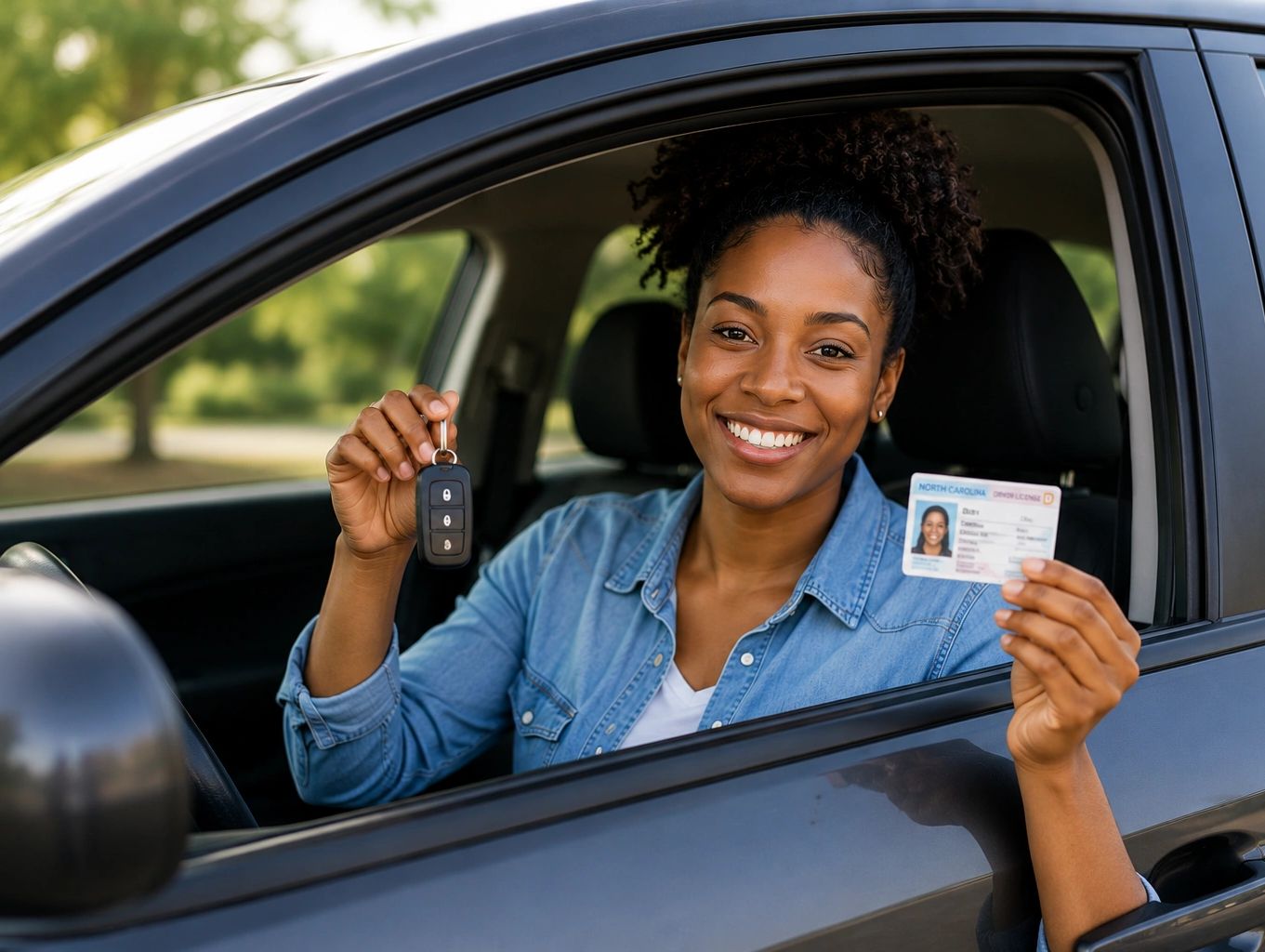 Smiling woman holding car keys and driver's license inside a car.