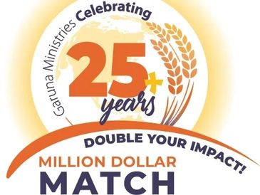 Logo celebrating 25+ years of Garuna Ministries with a million dollar match campaign.