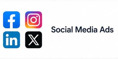 Logos of Facebook, Instagram, LinkedIn, and X with 'Social Media Ads' text.