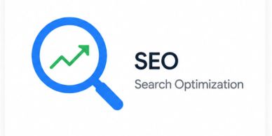 Magnifying glass with an upward arrow representing SEO growth.