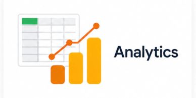 Bar chart and spreadsheet icon with the word 'Analytics' illustrating data analysis.