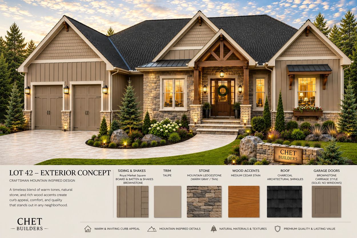 Craftsman mountain-inspired home exterior with warm tones and natural materials.