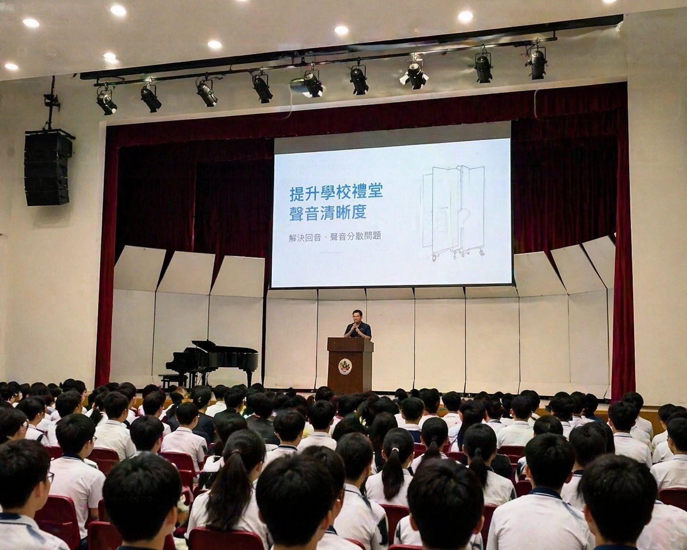 A speaker addresses students in a school auditorium with a presentation on sound clarity.