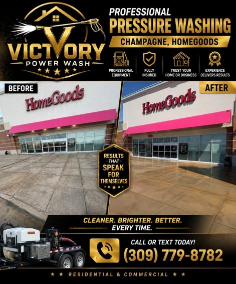 Before and after pressure washing at HomeGoods store by Victory Power Wash.