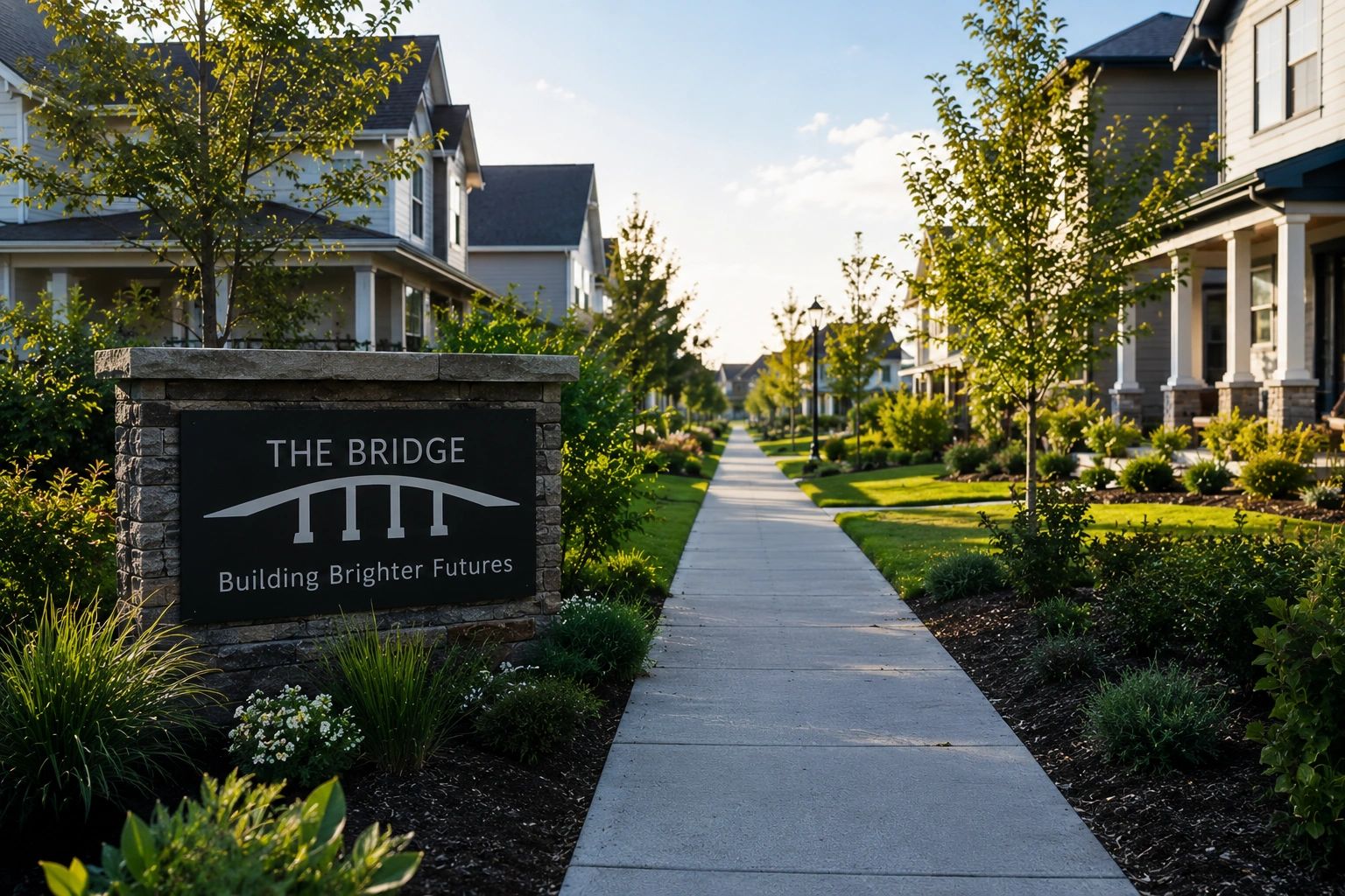 Neighborhood with a sidewalk, and trees and a sign reading "THE BRIDGE Building Brighter Futures."