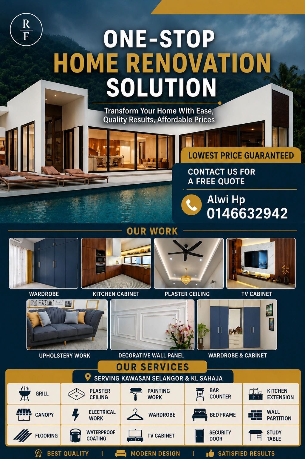 Advertisement for a one-stop home renovation service with various offerings and contact details.