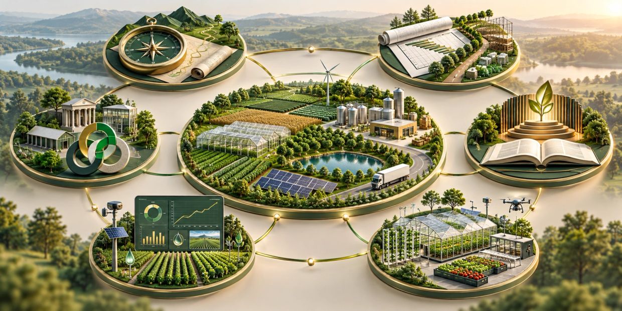 Integrated sustainable agriculture system with technology and education.