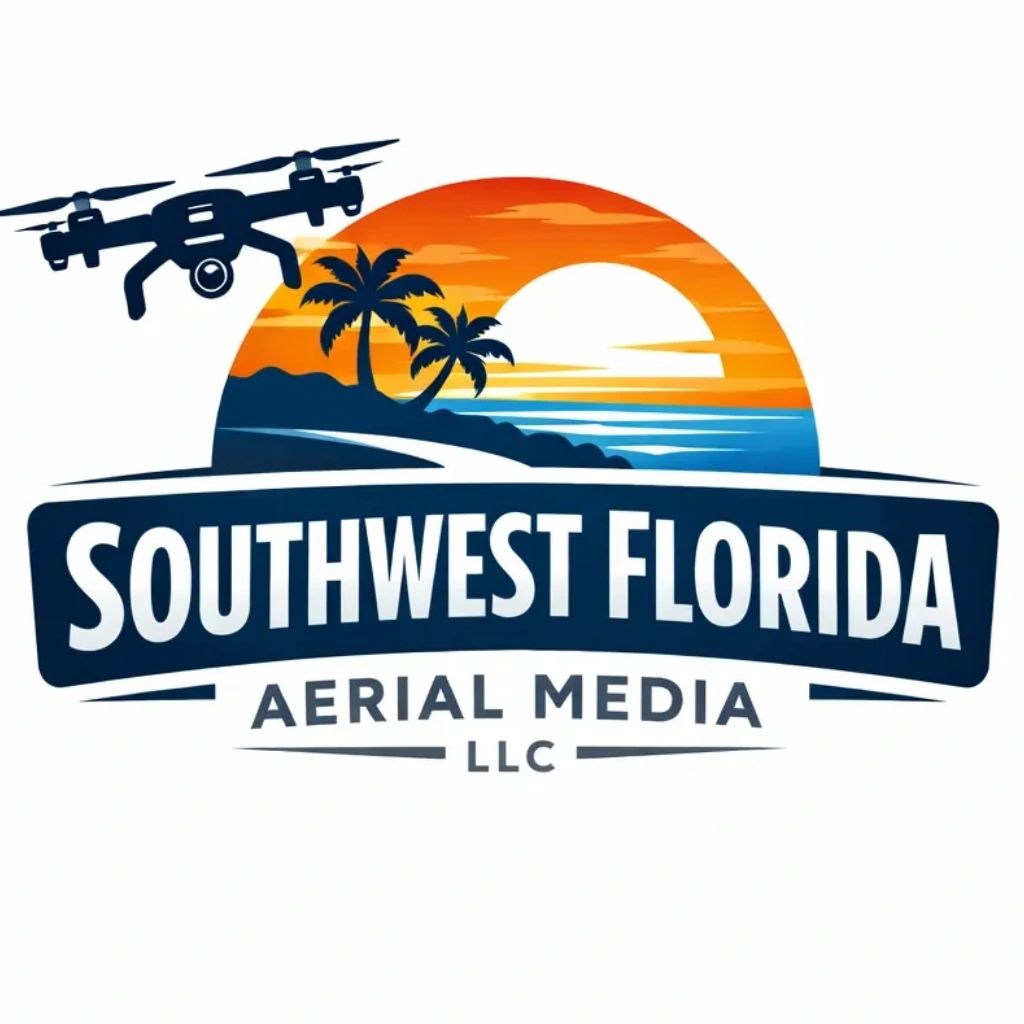Logo of Southwest Florida Aerial Media featuring a drone and sunset.