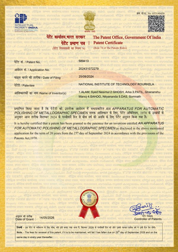 Indian patent certificate for automatic metallographic specimen polishing apparatus.