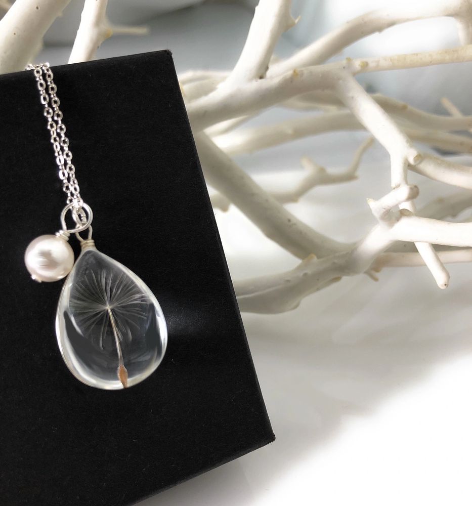 Gorgeous Dandelion Wish Pendant Necklace with Swarovski Crystal Pearl Charm on Sterling Silver Chain