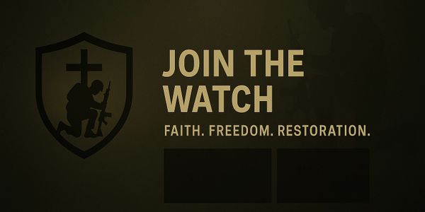 Silhouette of a soldier kneeling with a cross, encouraging to join a watch group.