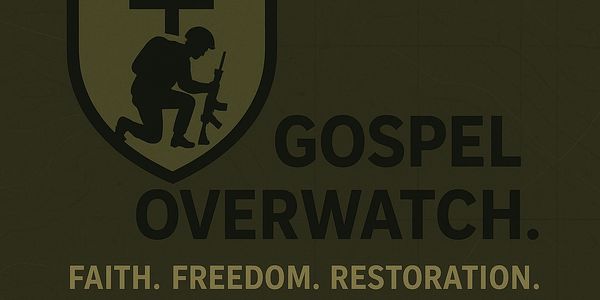 Logo with soldier silhouette and text emphasizing faith, freedom, and restoration.