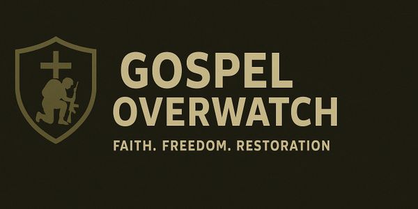 Logo of Gospel Overwatch featuring a kneeling soldier and a cross with the tagline Faith. Freedom. Restoration.