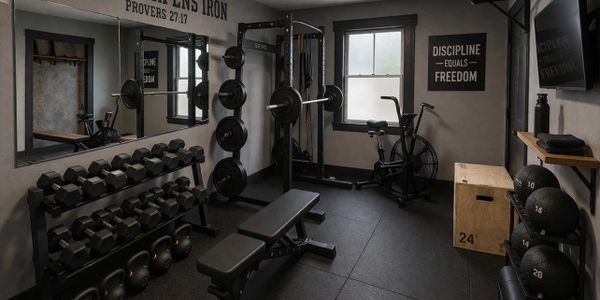 Compact home gym with weights, bench, and motivational signs.