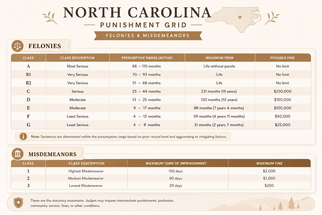 North Carolina punishment grid for felonies and misdemeanors with sentencing ranges, maximum terms, and fines.