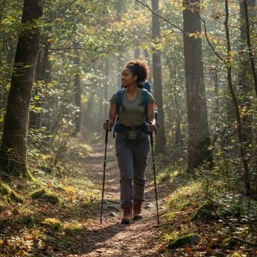 Woman hiking on a forest trail with walking poles.