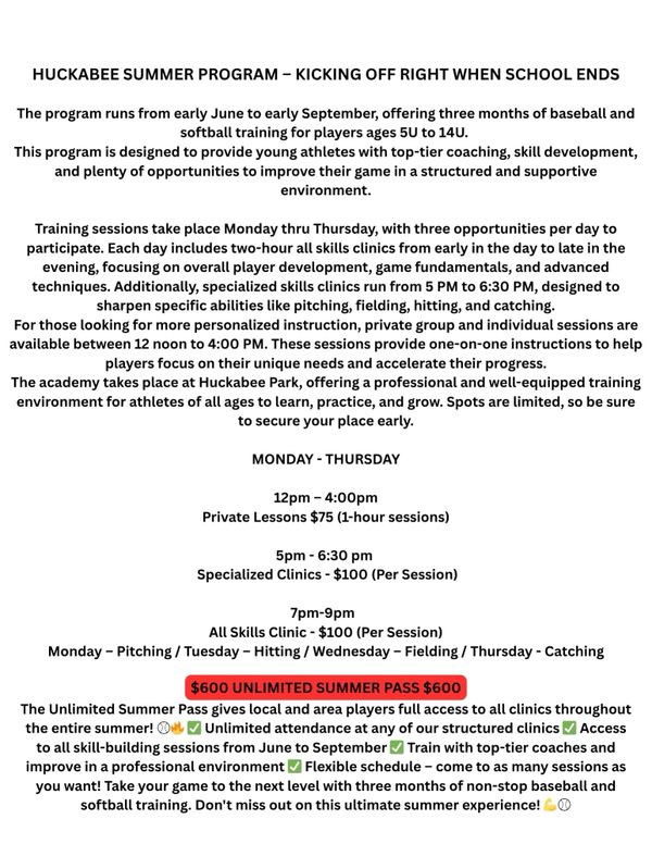 Flyer for Huckabee Summer Program baseball and softball training for youth ages 5-14.