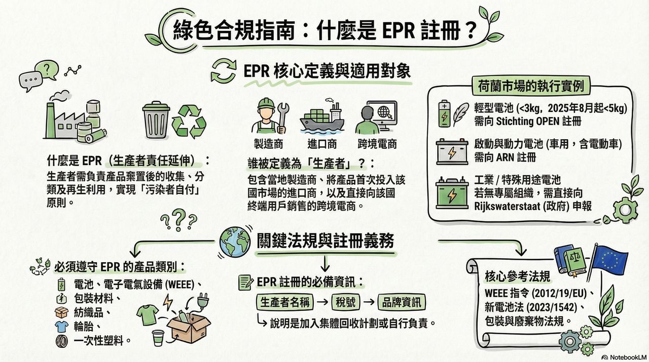 【資訊圖表】歐盟 EPR 註冊一圖看懂:誰是「生產者」?哪些產品必須註冊?荷蘭電池 EPR 怎麼辦?從核心定義到實務執行,掌握綠色合規第一步。