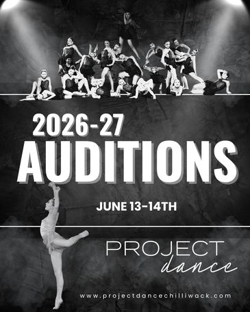 Black and white poster for Project Dance 2026-27 auditions, June 13-14.
