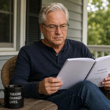 Man reading a script on a porch with a mug.