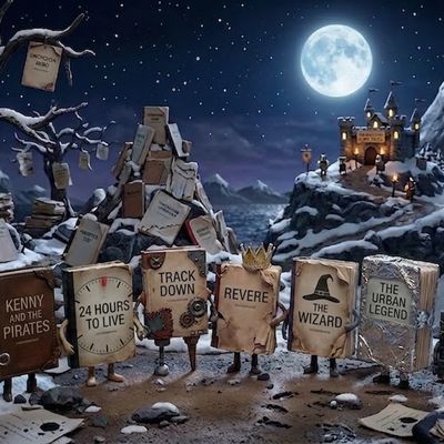 Animated book characters stand under a moonlit sky in a mystical scene.