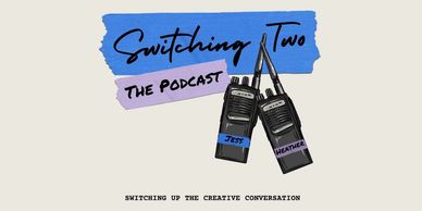 Podcast logo featuring two walkie-talkies and creative text design.