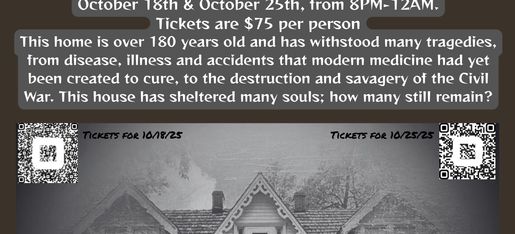 1844 Rice-Tremonti Home Paranormal Investigation Tours Oct 18 & Oct 25.