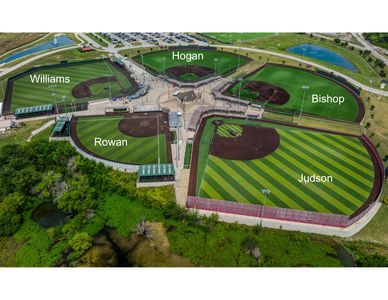 Aerial view of a sports complex with five labeled baseball fields named Hogan, Bishop, Judson, Rowan, and Williams.