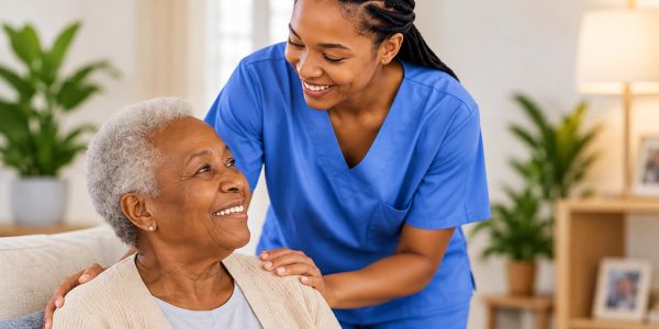 Caregiver smiling at elderly woman with kindness.