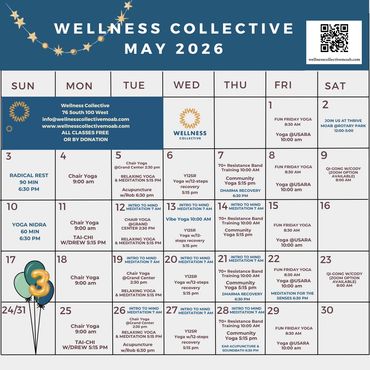 May 2026 Wellness Collective event calendar with yoga, meditation, and wellness activities.