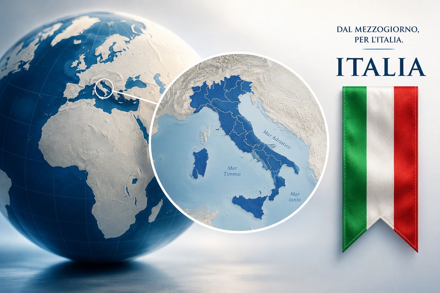 Mappa dell'Italia evidenziata con bandiera e slogan patriottico.