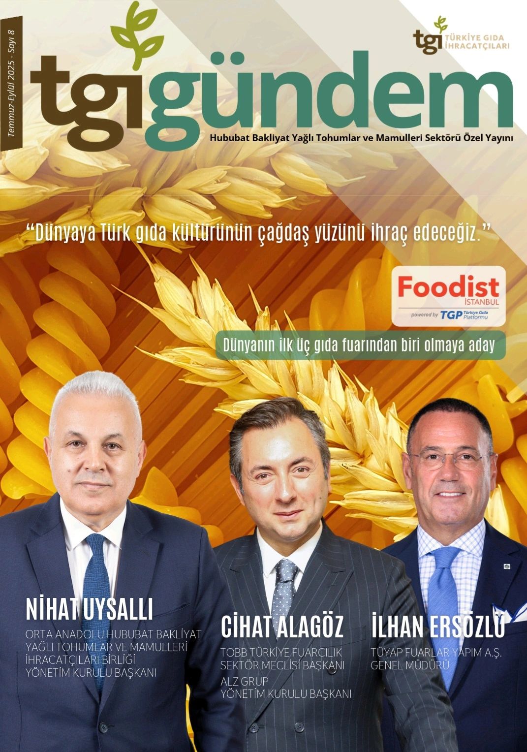 Cover of TGI Gündem magazine featuring three key figures in Turkish food export sector.