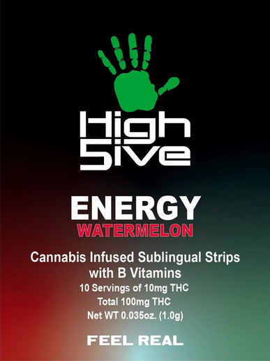 Shows front of High 5ive Energy Watermelon packaging. 