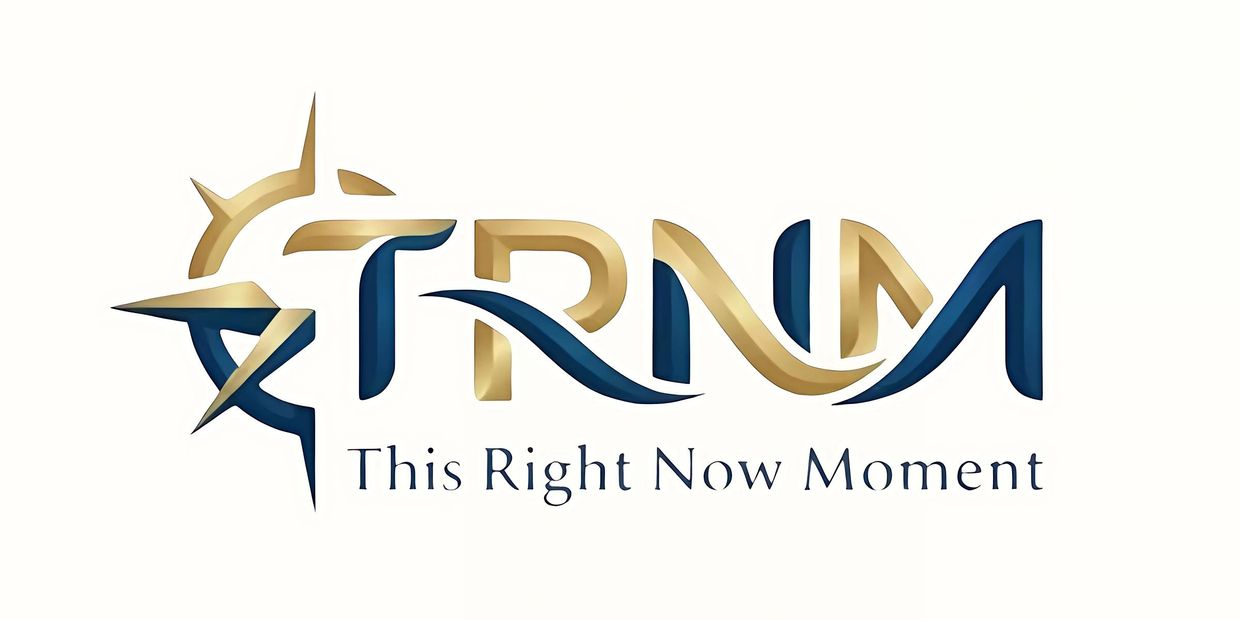 Stylized logo of 'TRNM' with a compass and text 'This Right Now Moment'.