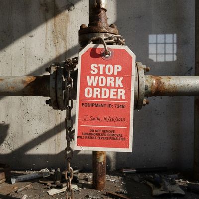 Red stop work order tag on rusted industrial pipe in a dimly lit area.