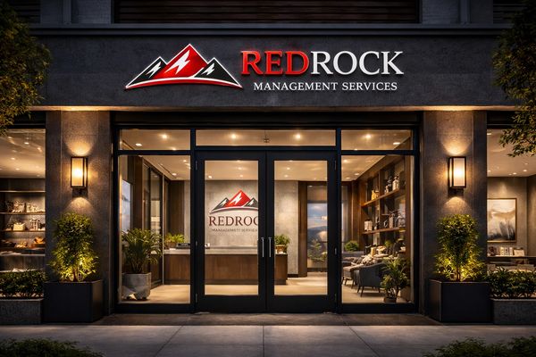 Entrance of RedRock Management Services office at night with warm lighting.
