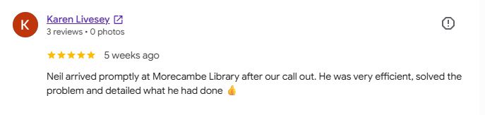 Review praising Neil's prompt and efficient service at Morecambe Library.
